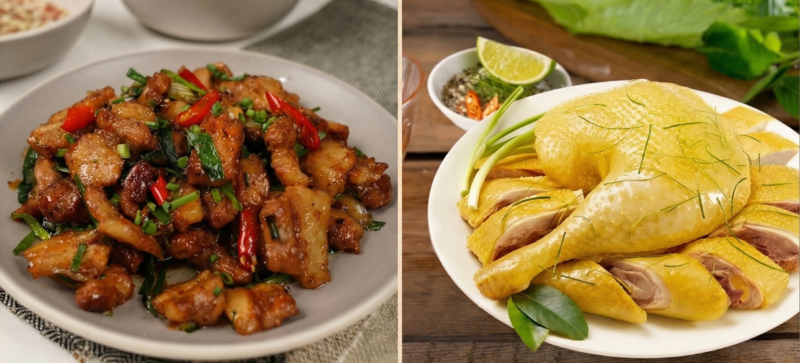 Gà luộc da vàng và Thịt ba chỉ rang cháy cạnh - món kinh điển trong thực đơn tiệc 10 món