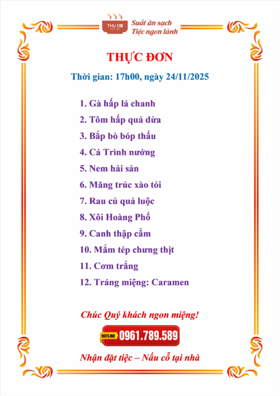 Thực đơn tiệc 12 món đầy đủ với tôm hấp dừa, cá trình nướng, nem hải sản, bắp bò bóp thấu