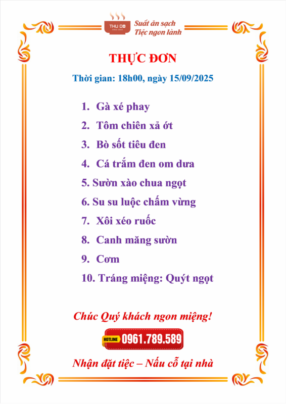 thực đơn tiệc đãi khách tại nhà gồm 10 món