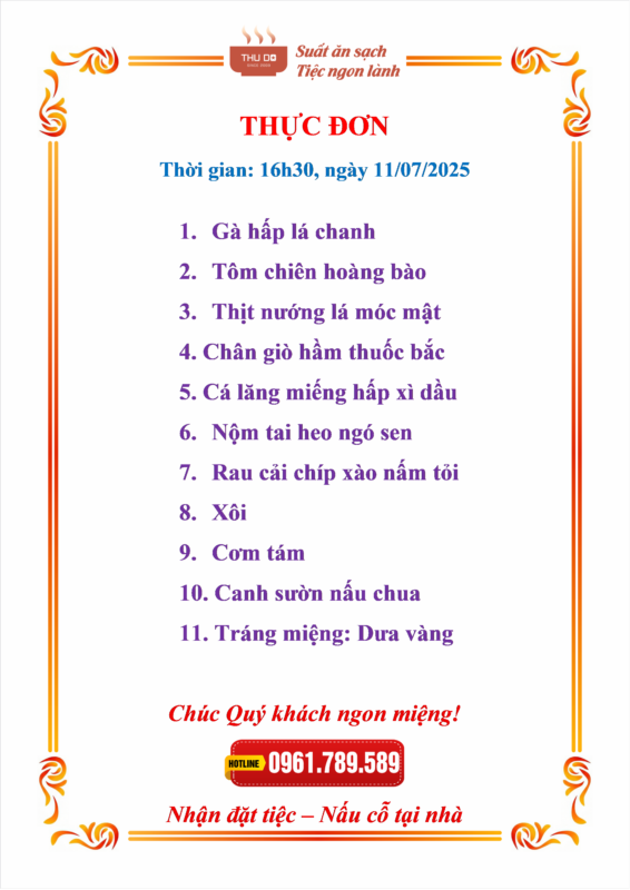 Thực đơn tiệc gia đình tại nhà Hà Nội 10–12 món
